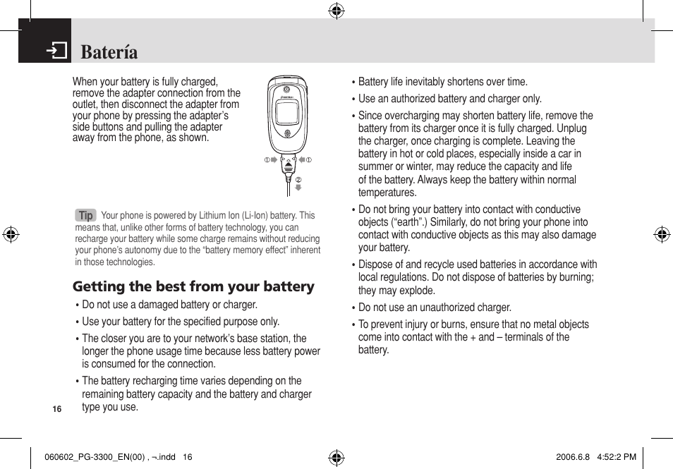 Batería, Getting the best from your battery | Pantech PG-3300 User Manual | Page 17 / 105