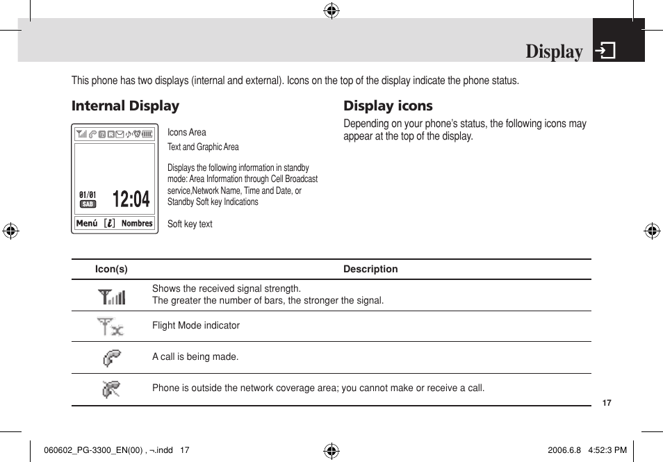 Display, Internal display display icons | Pantech PG-3300 User Manual | Page 18 / 105
