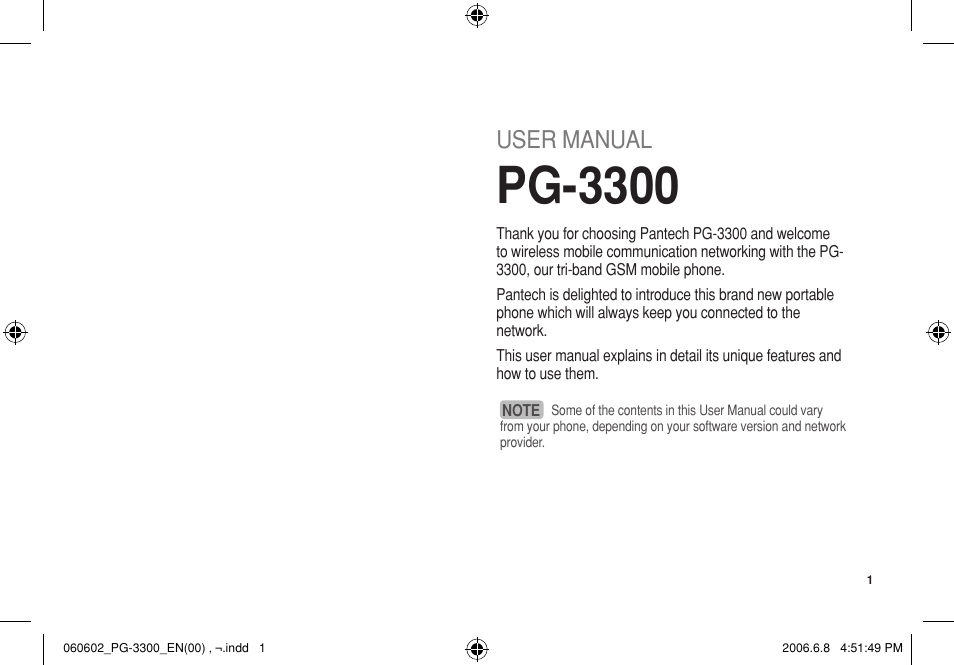 Pg-3300, User manual | Pantech PG-3300 User Manual | Page 2 / 105