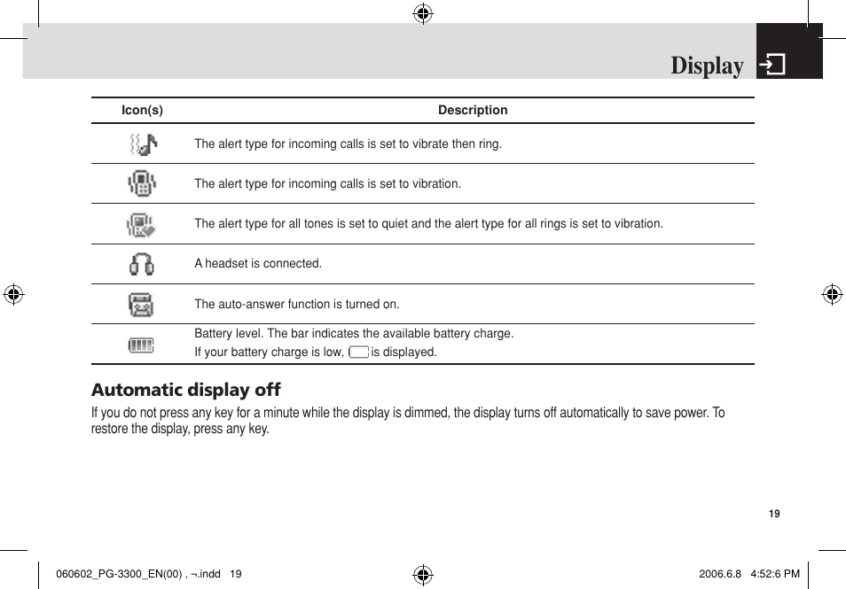 Display, Automatic display off | Pantech PG-3300 User Manual | Page 20 / 105
