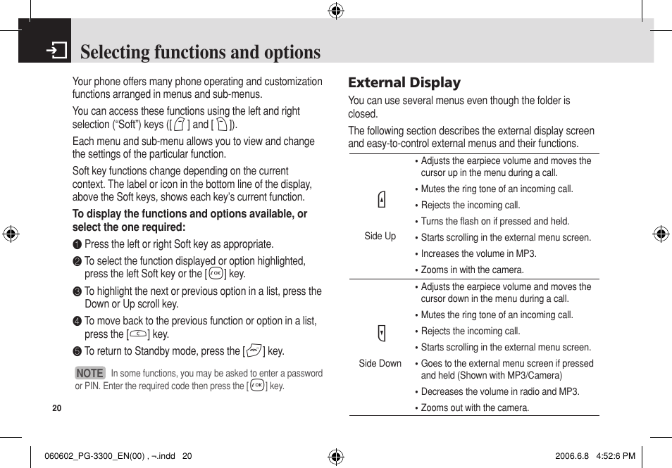 Selecting functions and options, External display | Pantech PG-3300 User Manual | Page 21 / 105