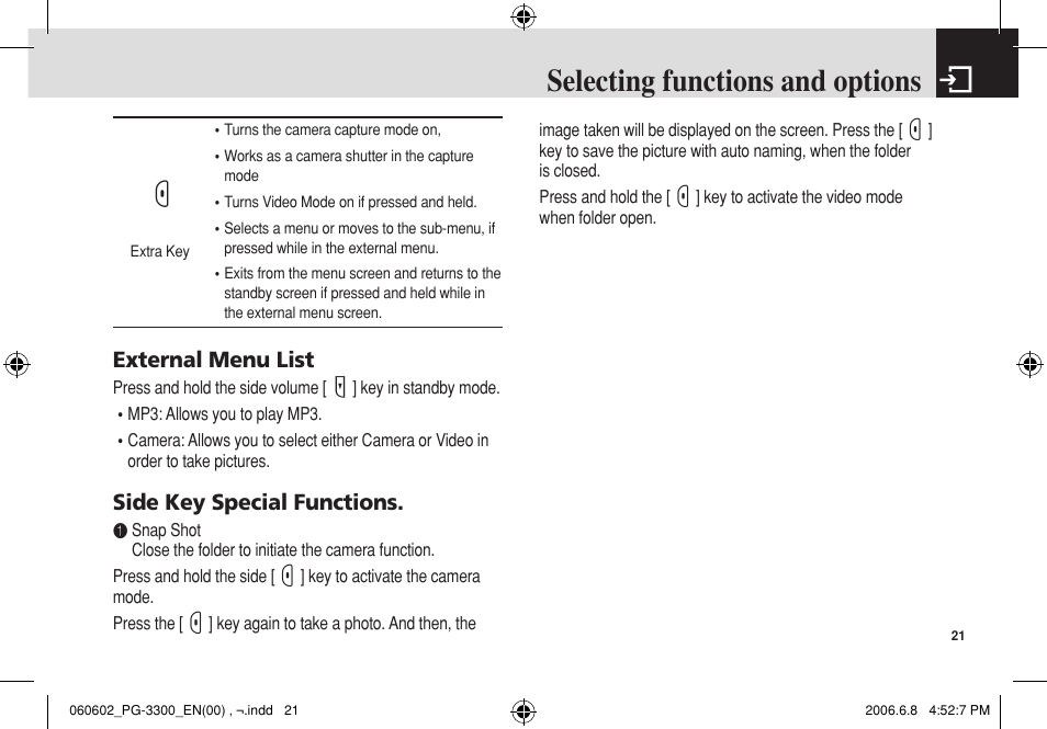 Selecting functions and options, External menu list, Side key special functions | Pantech PG-3300 User Manual | Page 22 / 105