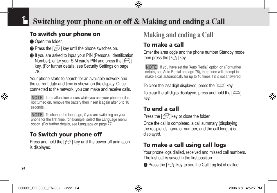 Making and ending a call | Pantech PG-3300 User Manual | Page 25 / 105