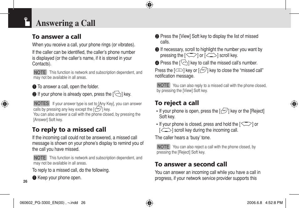 Answering a call | Pantech PG-3300 User Manual | Page 27 / 105