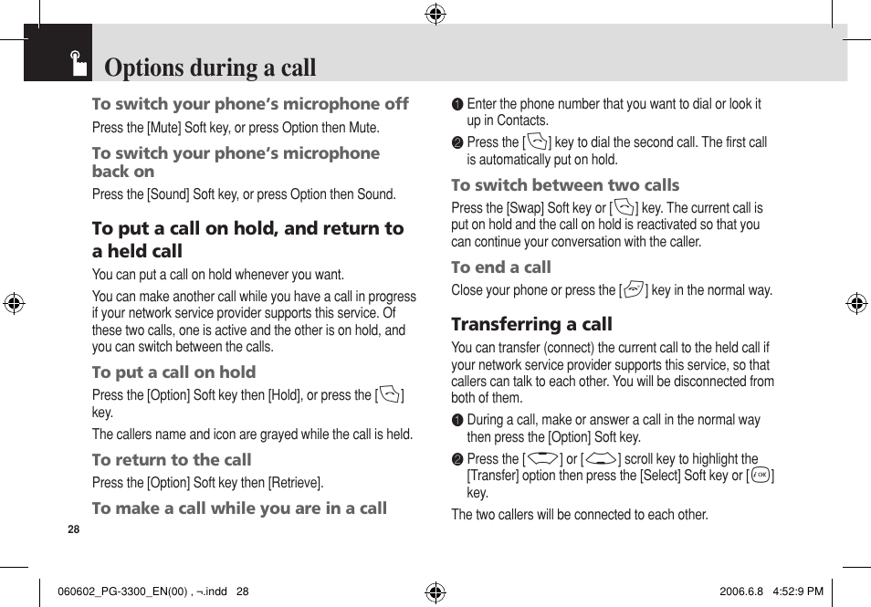 Options during a call | Pantech PG-3300 User Manual | Page 29 / 105