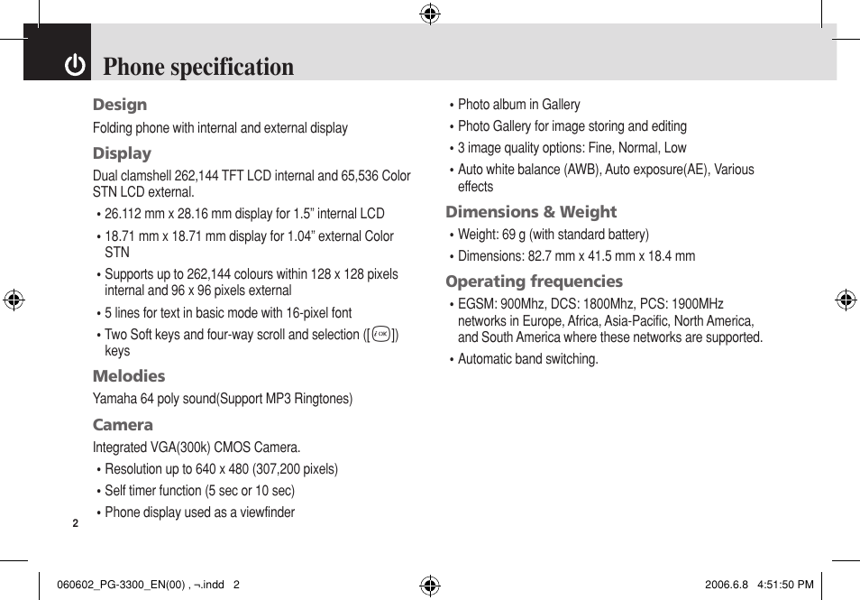 Phone specification | Pantech PG-3300 User Manual | Page 3 / 105
