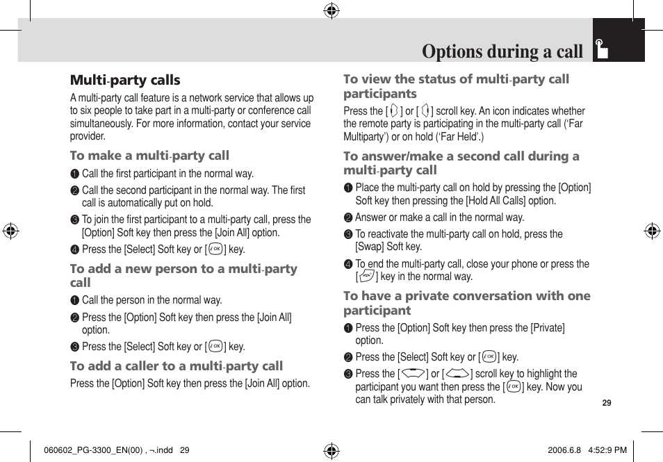 Options during a call | Pantech PG-3300 User Manual | Page 30 / 105