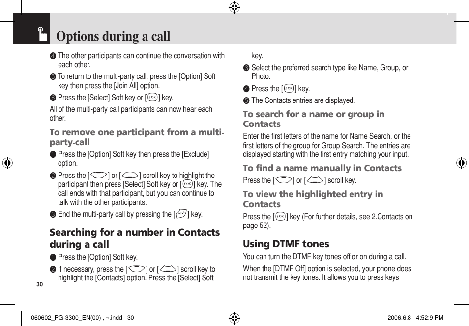 Options during a call | Pantech PG-3300 User Manual | Page 31 / 105