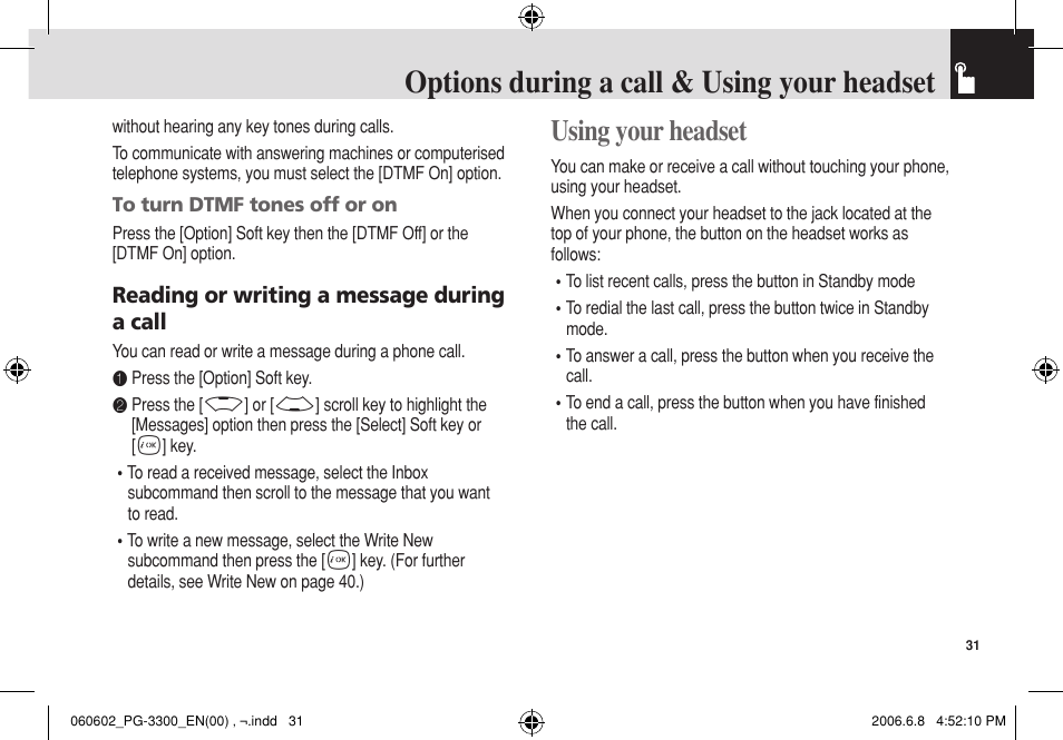 Options during a call & using your headset, Using your headset | Pantech PG-3300 User Manual | Page 32 / 105