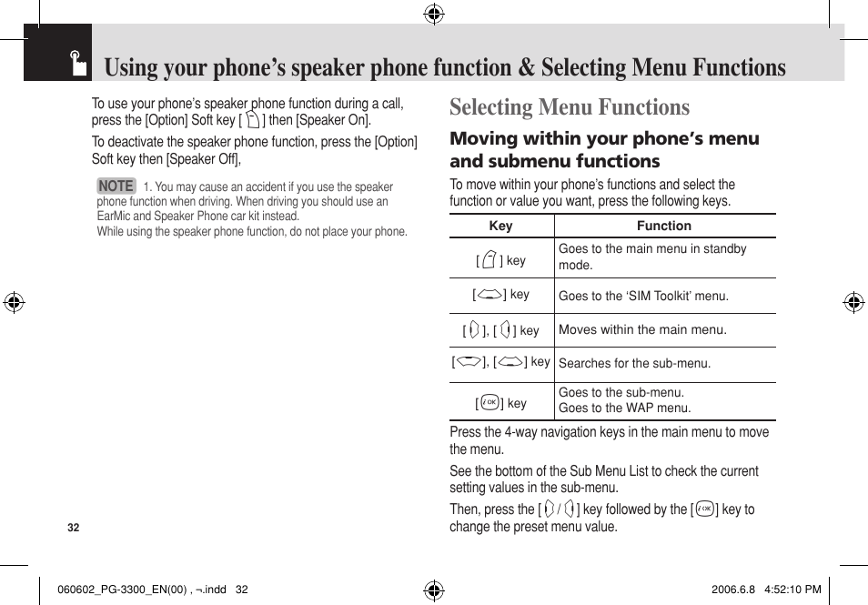 Selecting menu functions | Pantech PG-3300 User Manual | Page 33 / 105