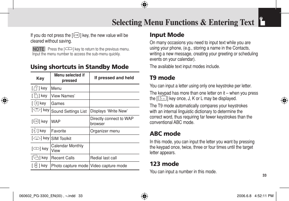 Using shortcuts in standby mode input mode, T9 mode, Abc mode | 123 mode | Pantech PG-3300 User Manual | Page 34 / 105