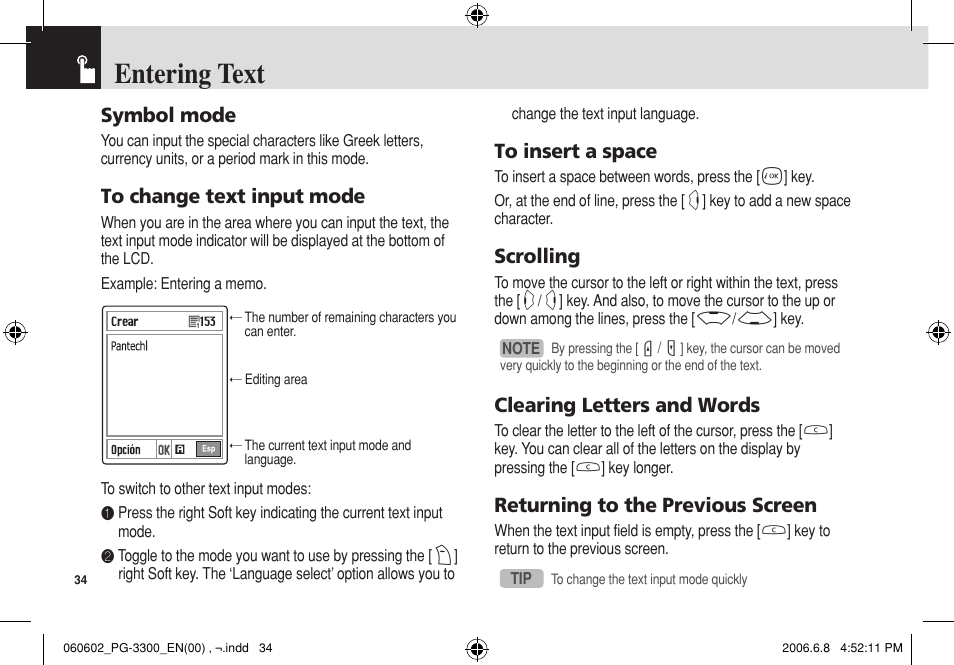 Entering text | Pantech PG-3300 User Manual | Page 35 / 105
