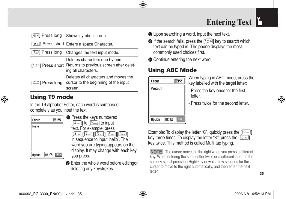 Entering text, Using t9 mode, Using abc mode | Pantech PG-3300 User Manual | Page 36 / 105