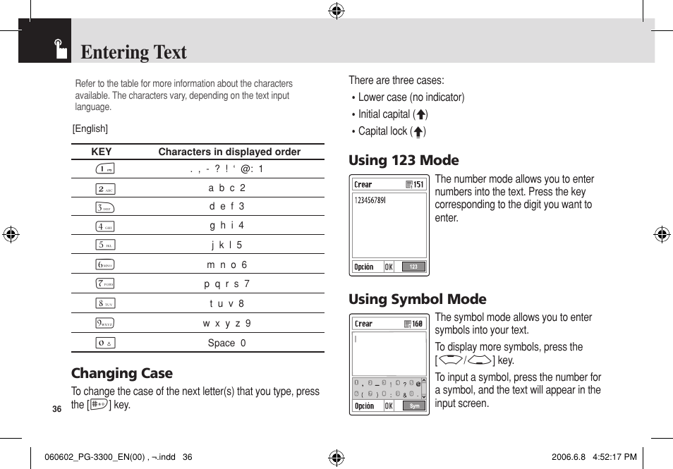 Entering text | Pantech PG-3300 User Manual | Page 37 / 105