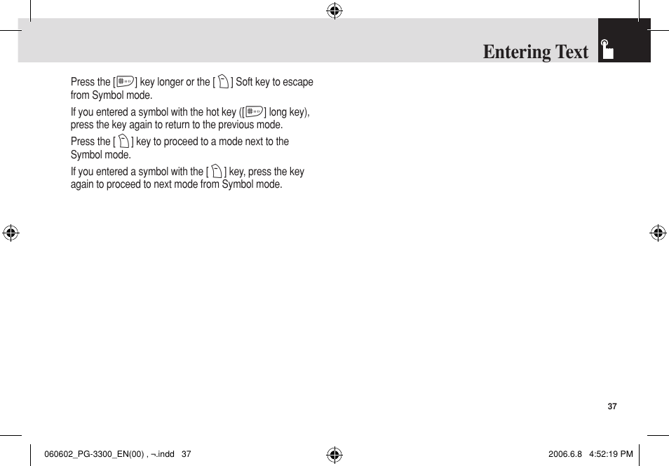 Entering text | Pantech PG-3300 User Manual | Page 38 / 105