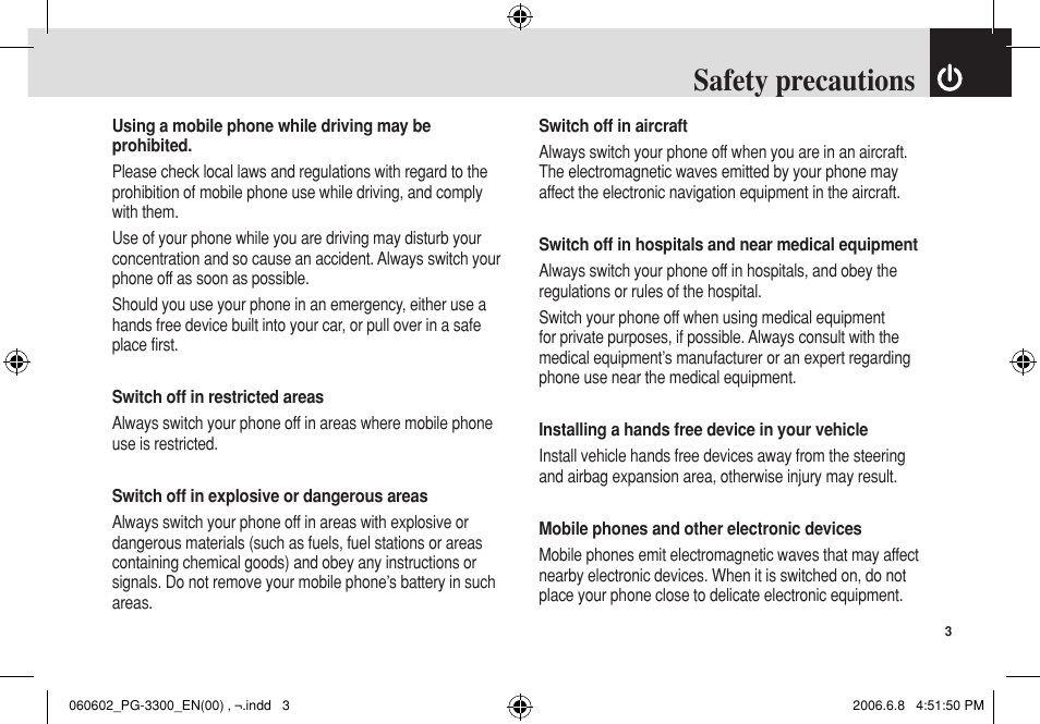 Safety precautions | Pantech PG-3300 User Manual | Page 4 / 105