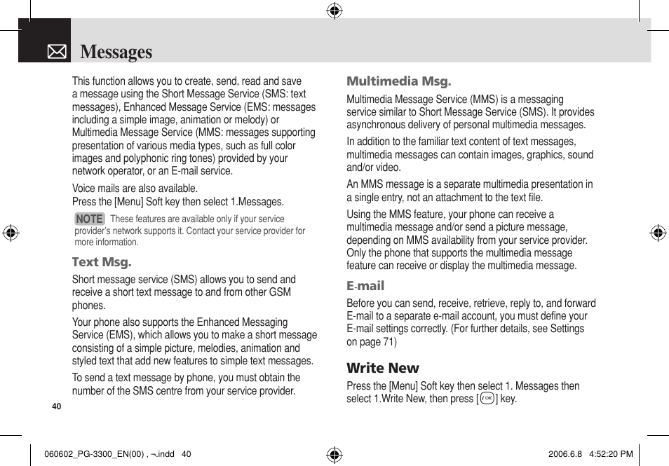 Messages, Write new | Pantech PG-3300 User Manual | Page 41 / 105