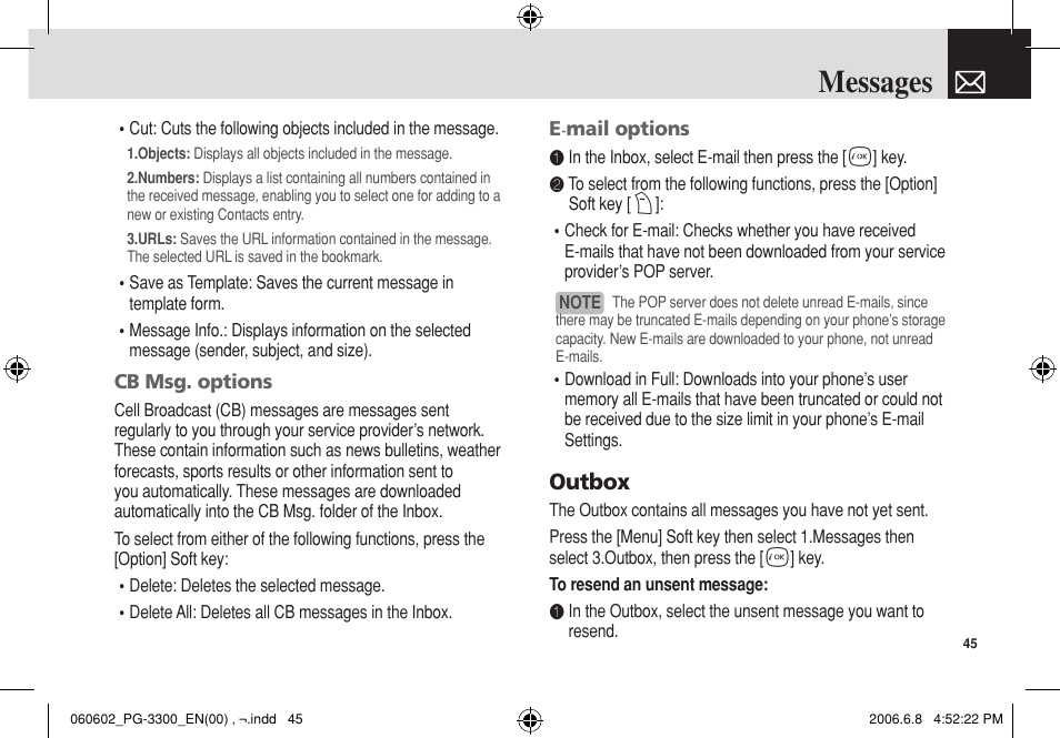 Messages, Outbox | Pantech PG-3300 User Manual | Page 46 / 105