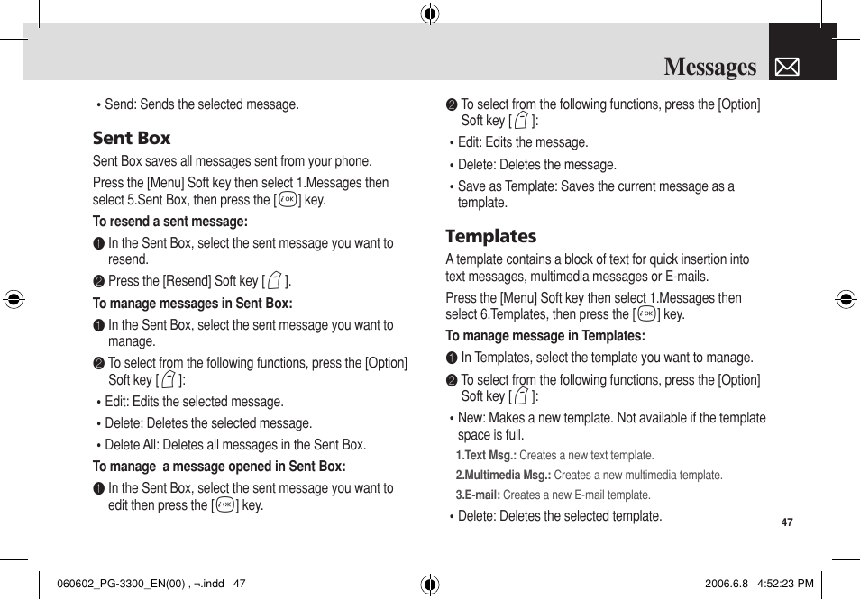 Messages, Sent box, Templates | Pantech PG-3300 User Manual | Page 48 / 105