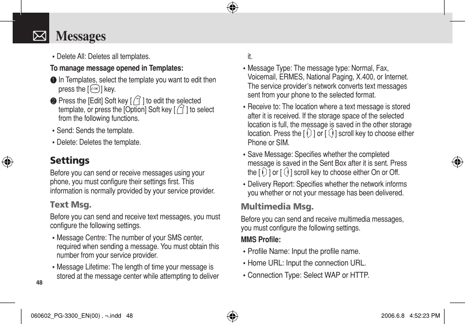 Messages, Settings | Pantech PG-3300 User Manual | Page 49 / 105