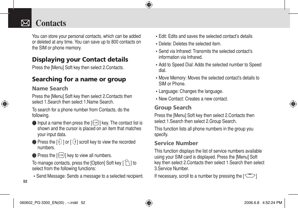 Contacts | Pantech PG-3300 User Manual | Page 53 / 105