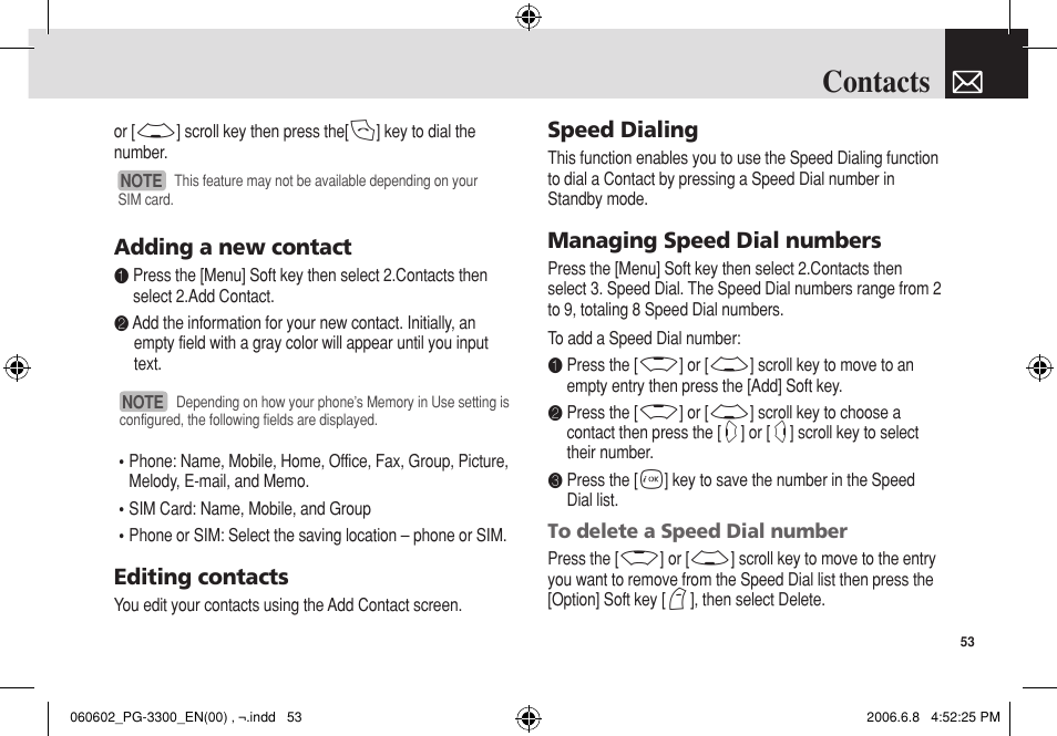 Contacts | Pantech PG-3300 User Manual | Page 54 / 105