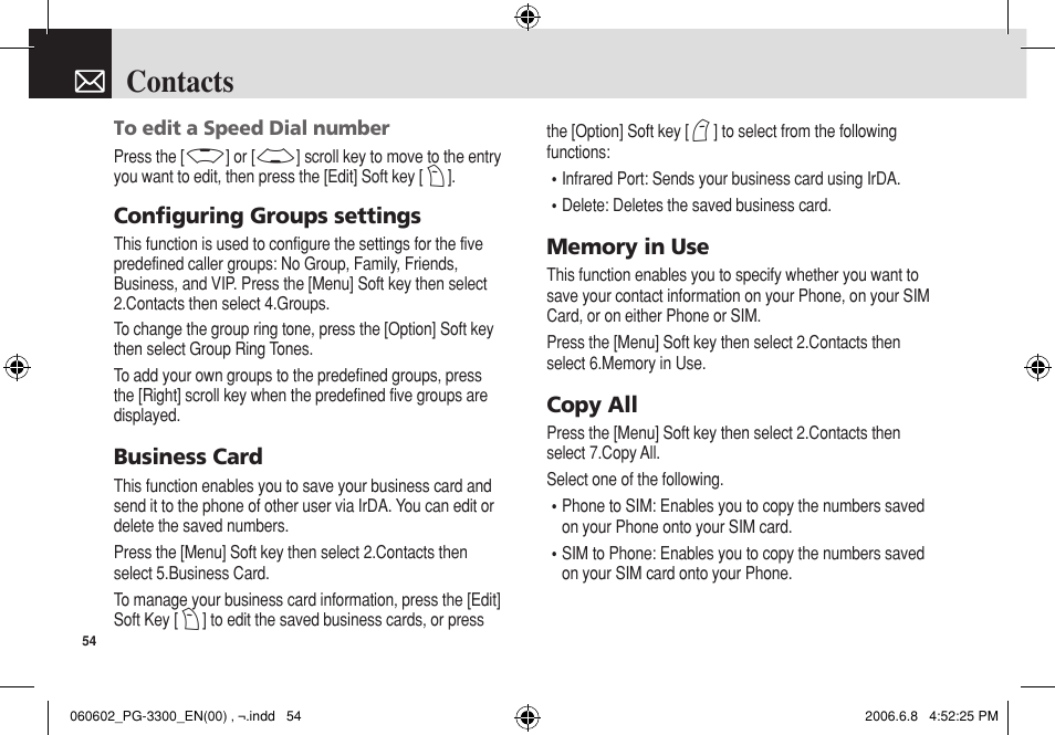 Contacts | Pantech PG-3300 User Manual | Page 55 / 105