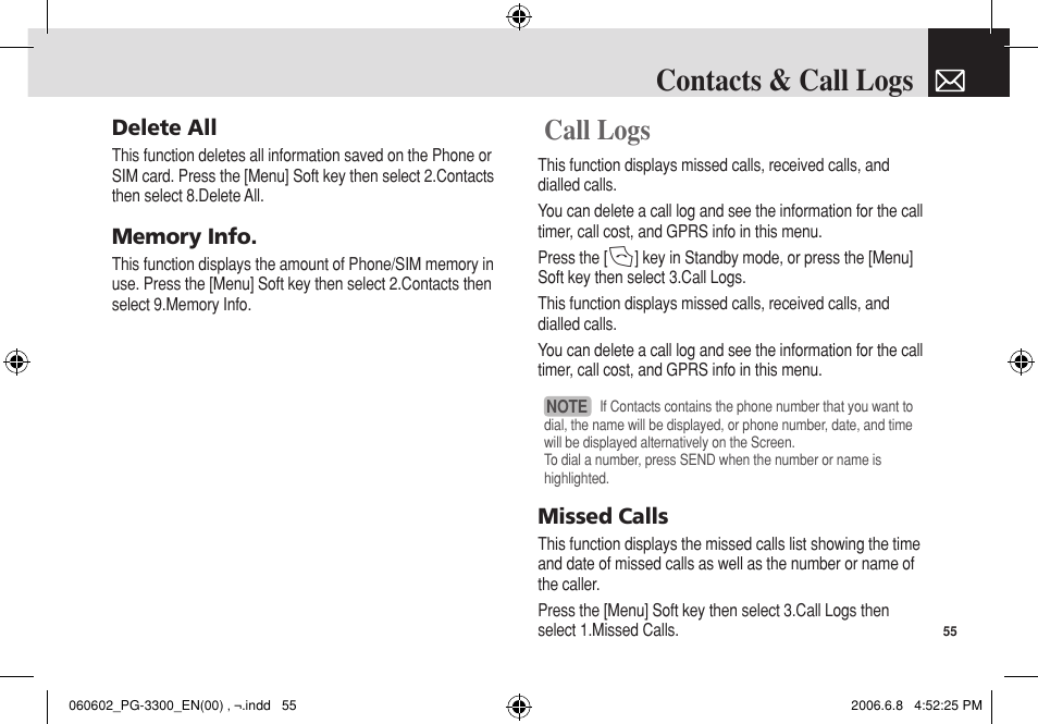 Contacts & call logs, Call logs, Delete all | Missed calls | Pantech PG-3300 User Manual | Page 56 / 105