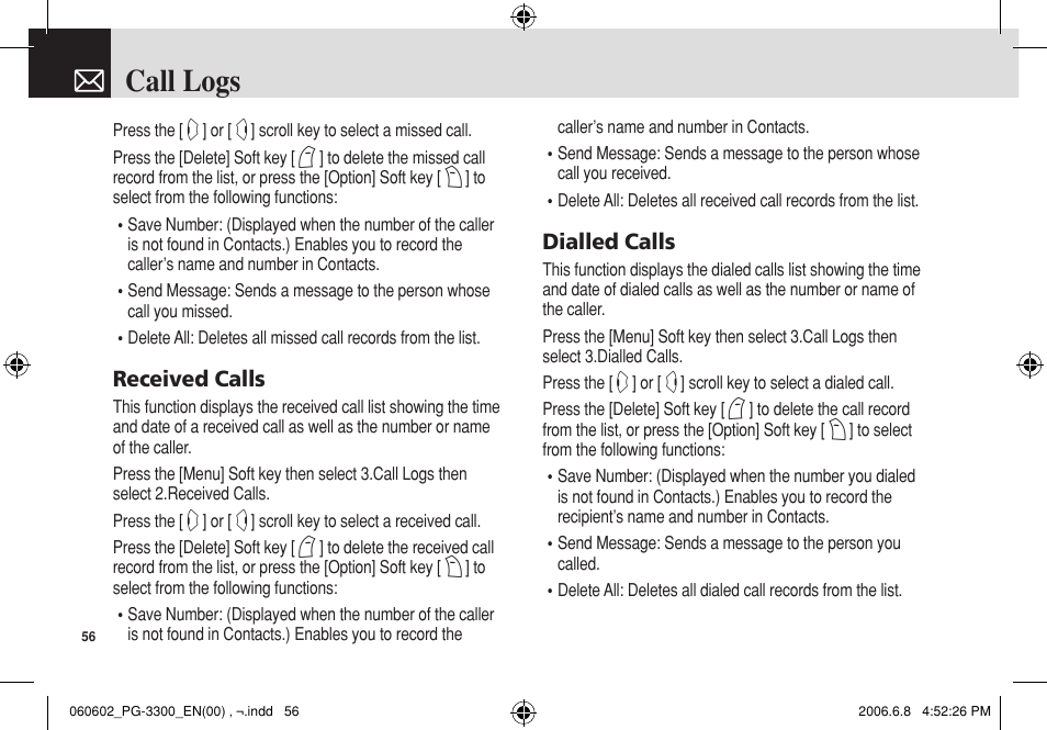 Call logs | Pantech PG-3300 User Manual | Page 57 / 105