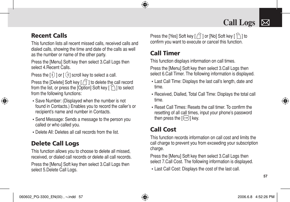 Call logs | Pantech PG-3300 User Manual | Page 58 / 105