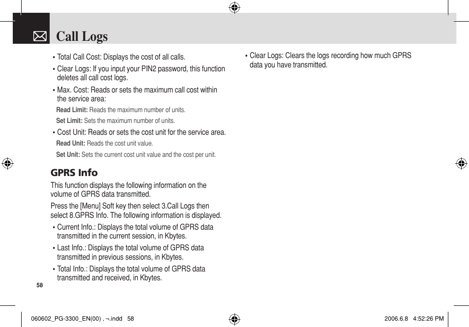 Call logs, Gprs info | Pantech PG-3300 User Manual | Page 59 / 105