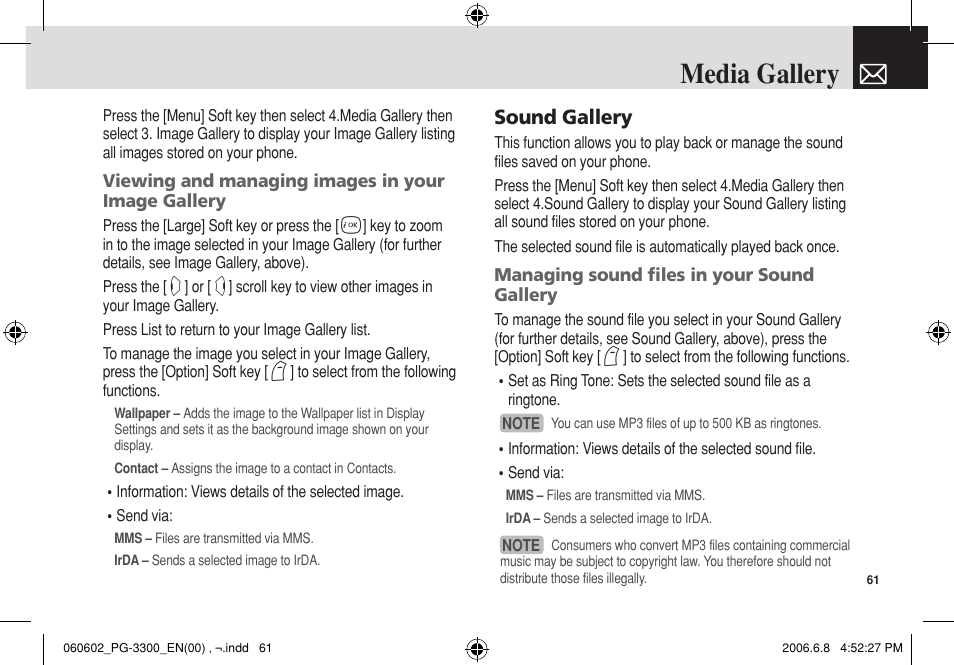 Media gallery, Sound gallery | Pantech PG-3300 User Manual | Page 62 / 105