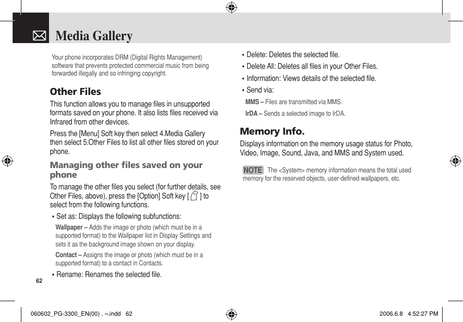Media gallery, Other files | Pantech PG-3300 User Manual | Page 63 / 105