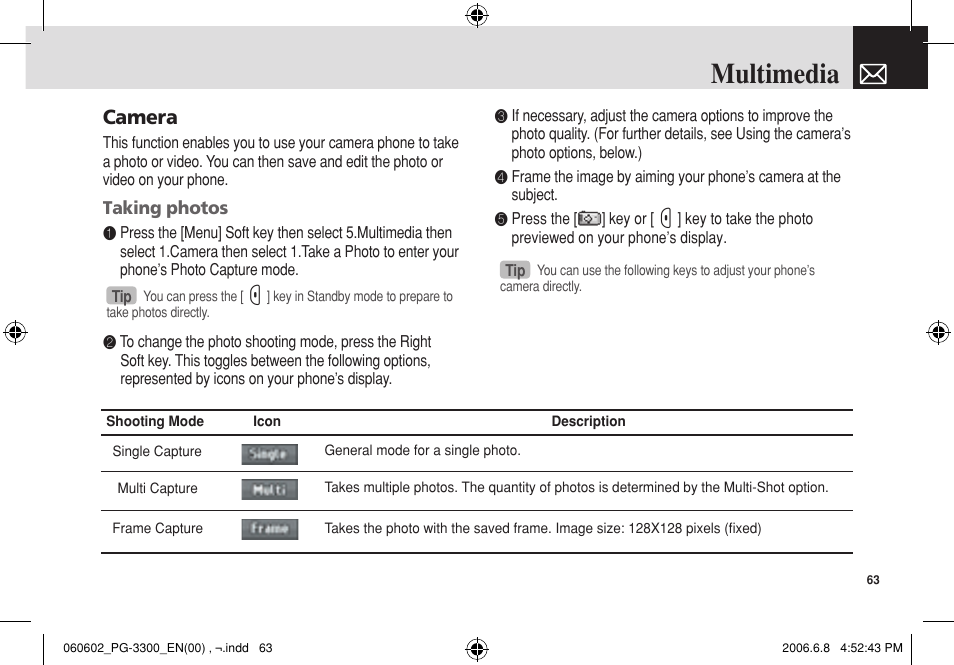 Multimedia, Camera | Pantech PG-3300 User Manual | Page 64 / 105