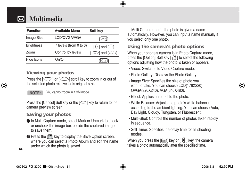 Multimedia | Pantech PG-3300 User Manual | Page 65 / 105