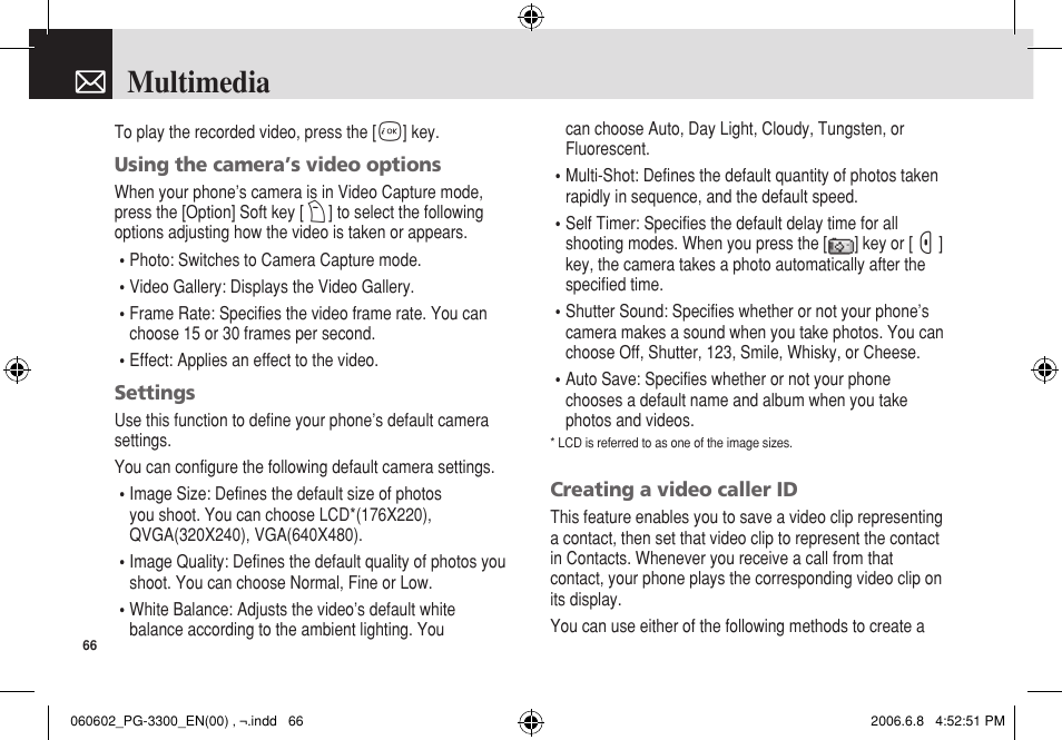 Multimedia | Pantech PG-3300 User Manual | Page 67 / 105