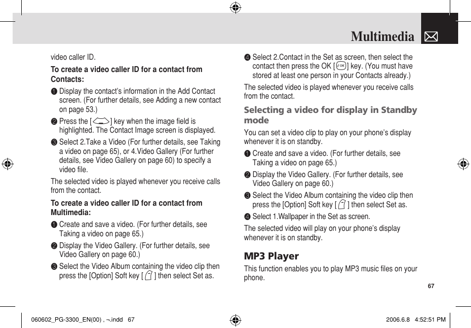 Multimedia, Mp3 player | Pantech PG-3300 User Manual | Page 68 / 105