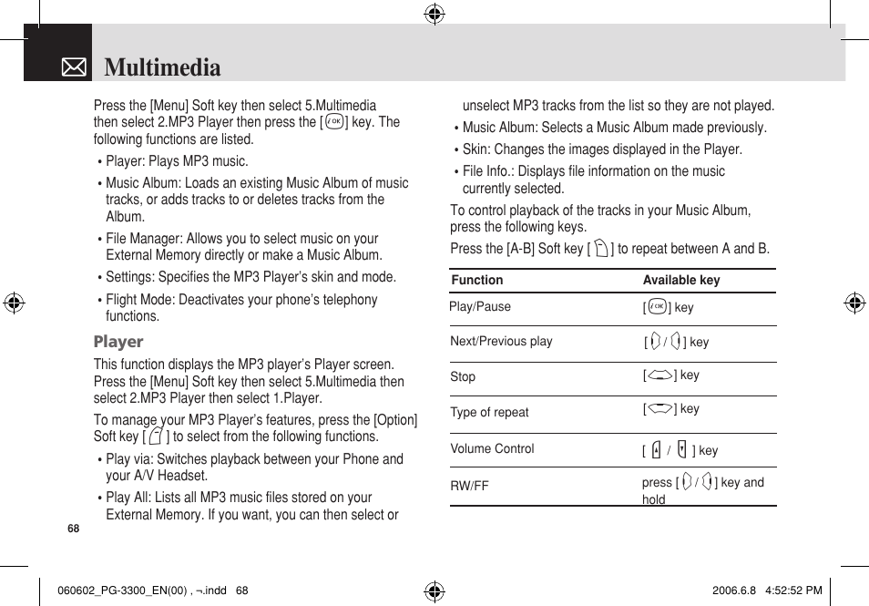 Multimedia | Pantech PG-3300 User Manual | Page 69 / 105