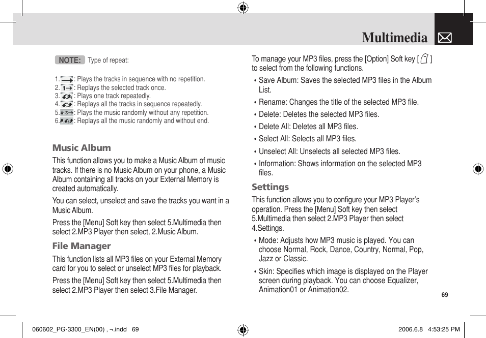 Multimedia | Pantech PG-3300 User Manual | Page 70 / 105