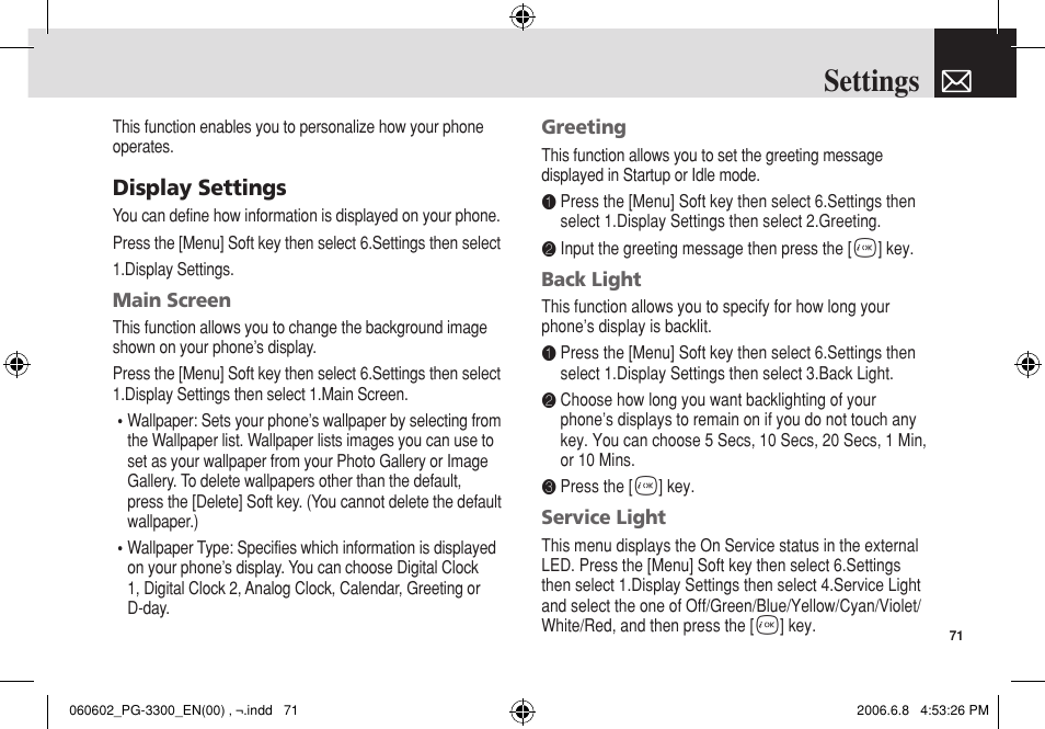 Settings, Display settings | Pantech PG-3300 User Manual | Page 72 / 105