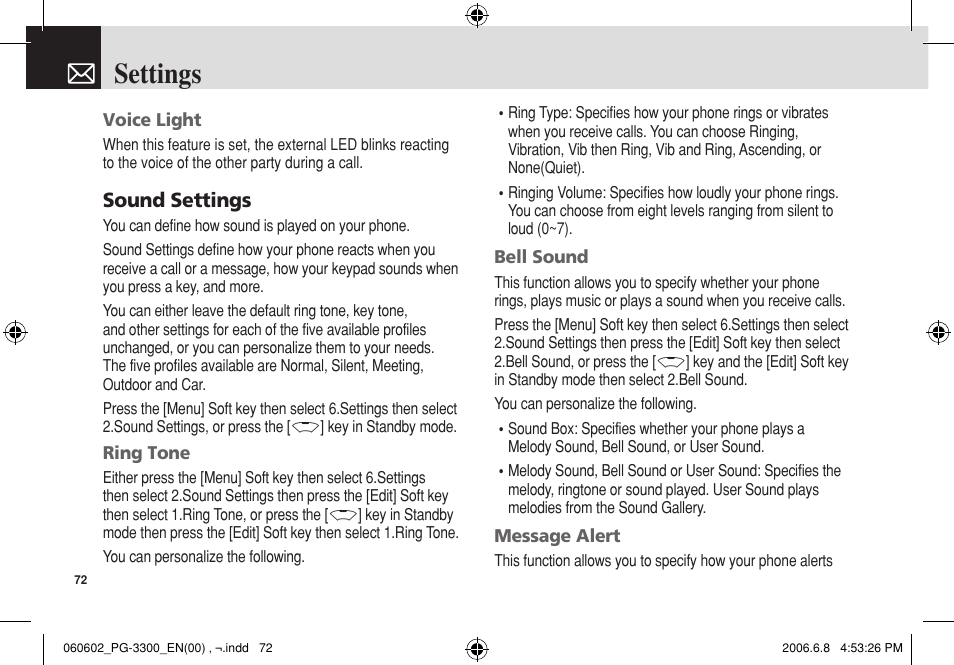 Settings, Sound settings | Pantech PG-3300 User Manual | Page 73 / 105