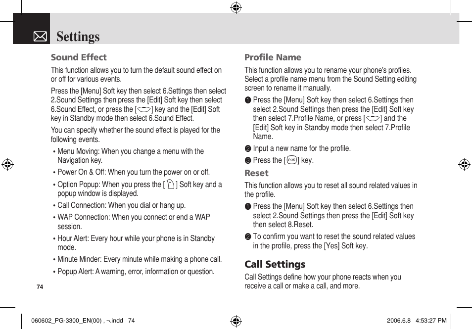 Settings, Call settings | Pantech PG-3300 User Manual | Page 75 / 105