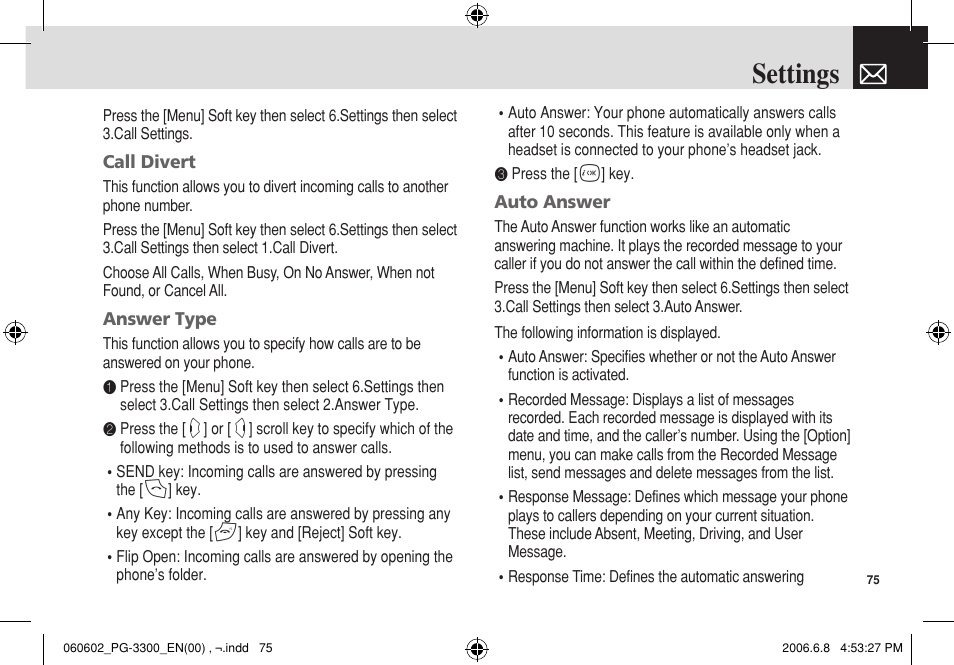 Settings | Pantech PG-3300 User Manual | Page 76 / 105