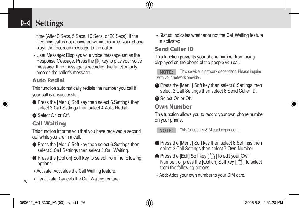 Settings | Pantech PG-3300 User Manual | Page 77 / 105