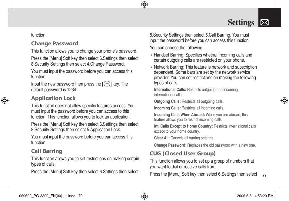 Settings | Pantech PG-3300 User Manual | Page 80 / 105