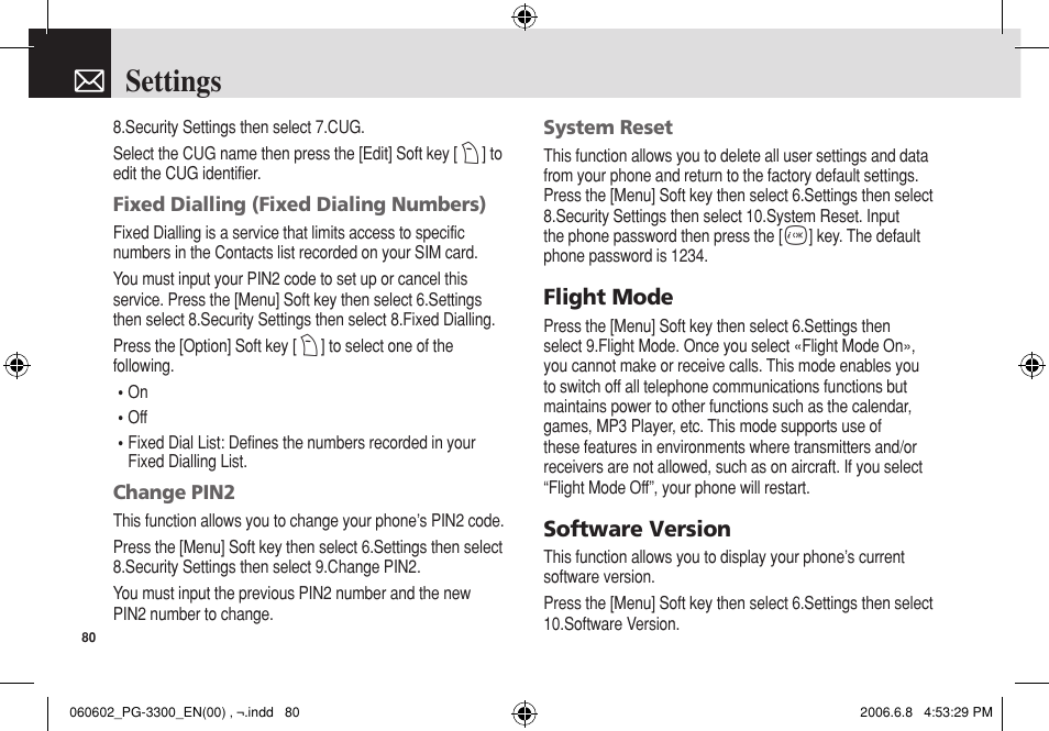 Settings, Flight mode, Software version | Pantech PG-3300 User Manual | Page 81 / 105
