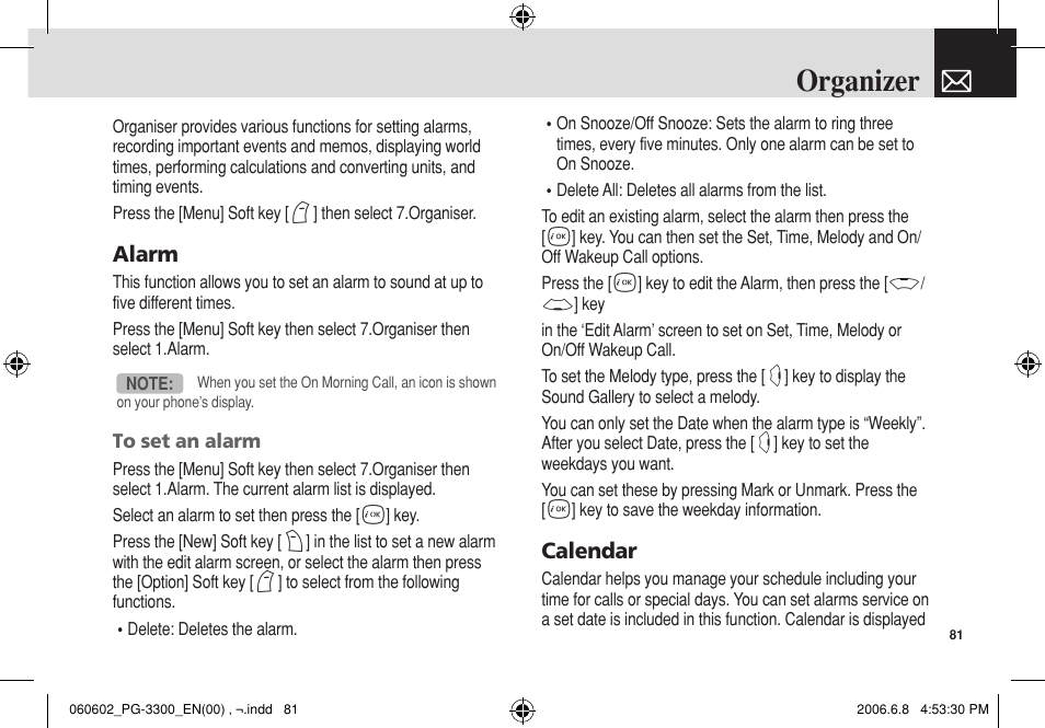 Organizer | Pantech PG-3300 User Manual | Page 82 / 105