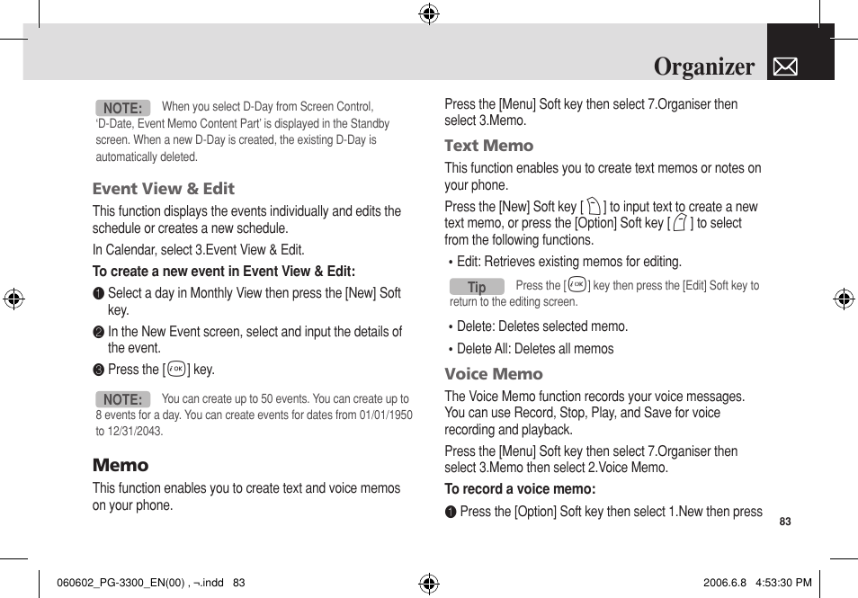 Organizer | Pantech PG-3300 User Manual | Page 84 / 105