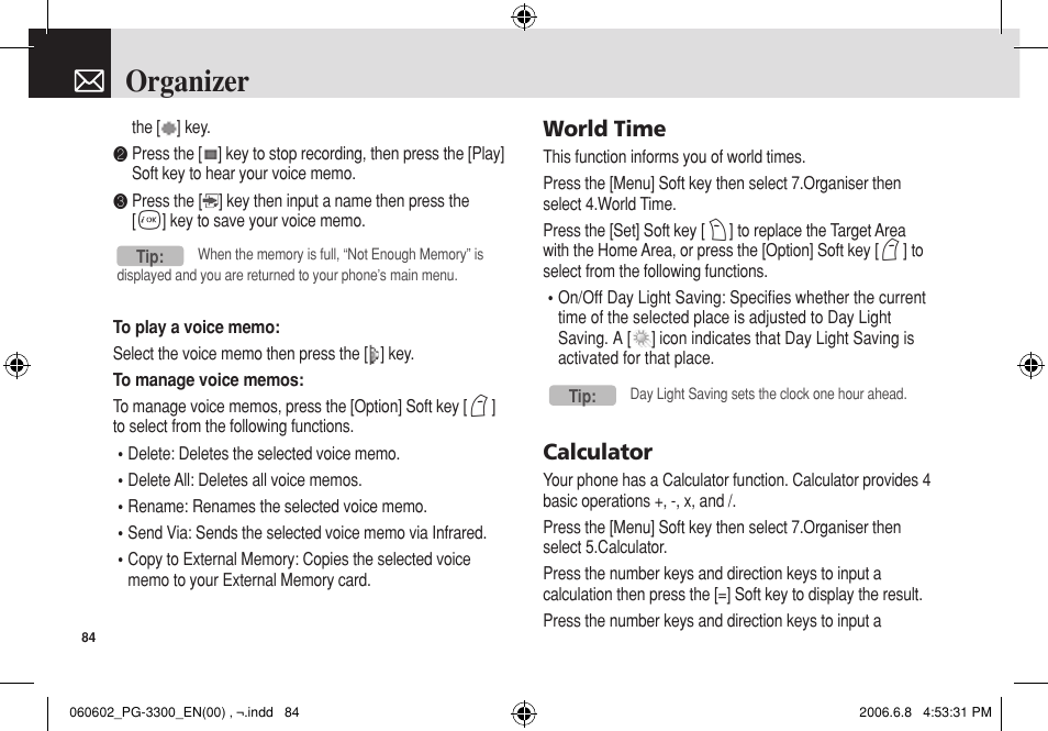 Organizer, World time, Calculator | Pantech PG-3300 User Manual | Page 85 / 105