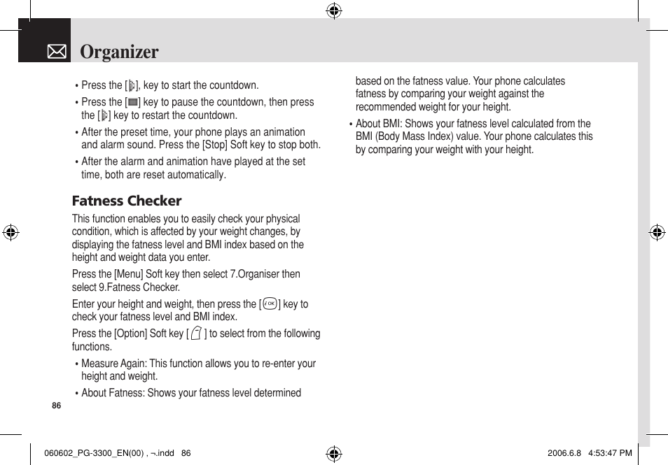 Organizer, Fatness checker | Pantech PG-3300 User Manual | Page 87 / 105